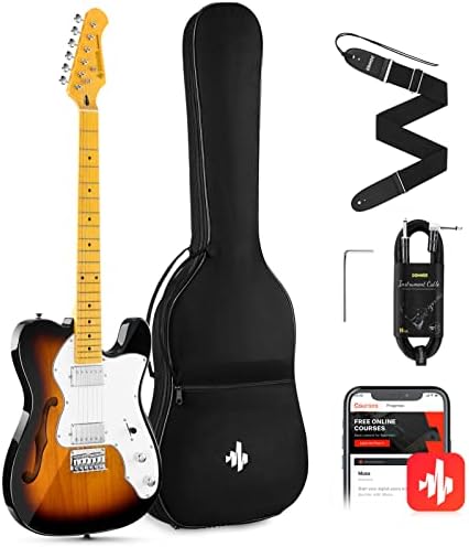 Donner 39 Inch Jazz Electric Guitar TL Thinline F Hole Beginner Full Size Hollow Guitar with H-H Pickups,Bag, Strap, Cable,Sunburst(DJC-1000S)