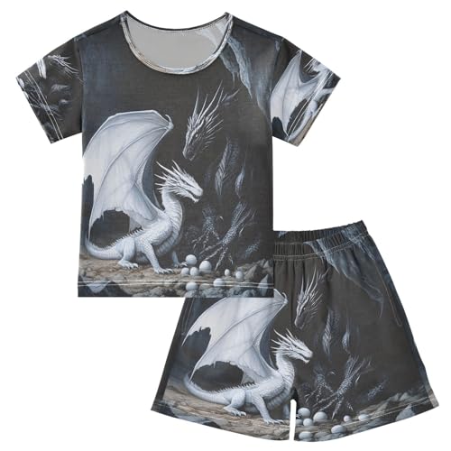 ALAZA Black White Dragon Egg Pajamas Set Short Sleeve Cotton Sleepwear Summer Pjs 2 Piece 5-14Y