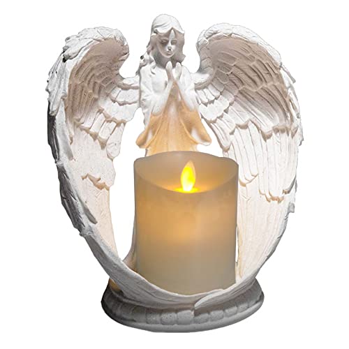 Carefree Fish Starry Sky White Angel Wing Praying Sandstone Statue Angel Figurine Prayer Home Decor Memorial Led Candle Holder 9Inch (Remote Control, With Timing Function.) #TOP1