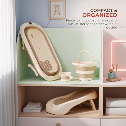 Image of Baybee Aquabee Baby Bath Tub Set for Kids | Portable Bathing Tub with Temperature Sensing | Foldable Bucket & Mug | Bath Seat Chair | Multi-Purpose Bathtub for Baby Bather for 0 to 5 Years (Beige)