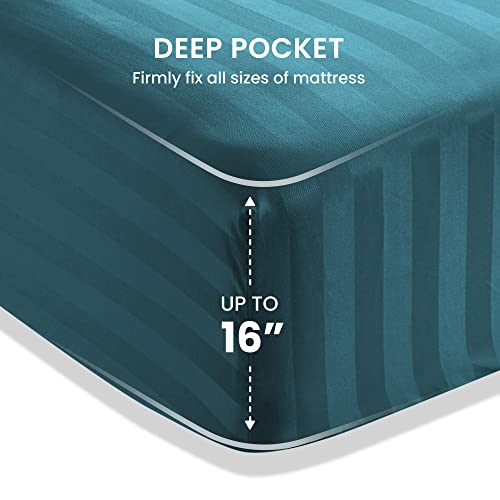 SLEEP ZONE Striped Cooling Queen Sheets Set - Fitted Flat Sheet & Pillowcase Sets 4 Piece - Super Soft Stripe Bed Sheet, Easy Care, Deep Pocket (Teal, Queen)