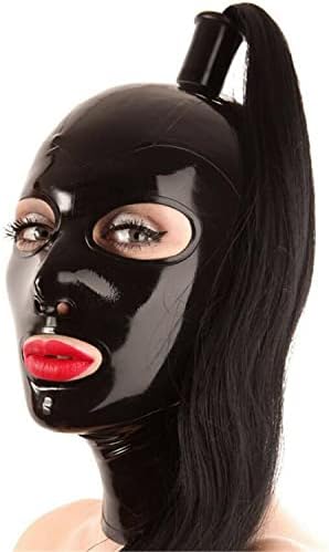 Black Latex Hood with Black Ponytail Wig Back Zipper Rubber Mask Cosplay Party Wear Costume, X-Small