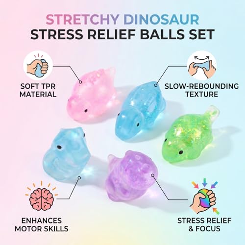 Decumeby Stretch and Squeeze Stress Ball 5PCS Dinosaur Slow Rebounding TPR Sensory Toy for Kids Adults, Soft Squeeze Pressure Relief Balls for Home Office, Enhance and Motor Skills - Image 3