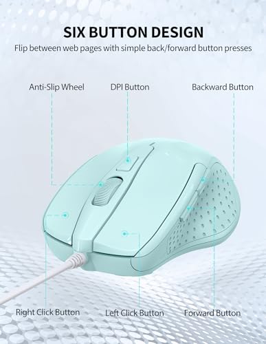 Image of TECKNET Wired Mouse, 6-Button Corded with 4 Adjustable DPI, Ergonomic Optical Mouse, 5FT Cord for Laptop, Chromebook, PC, Desktop, Mac, Notebook - LT.Green