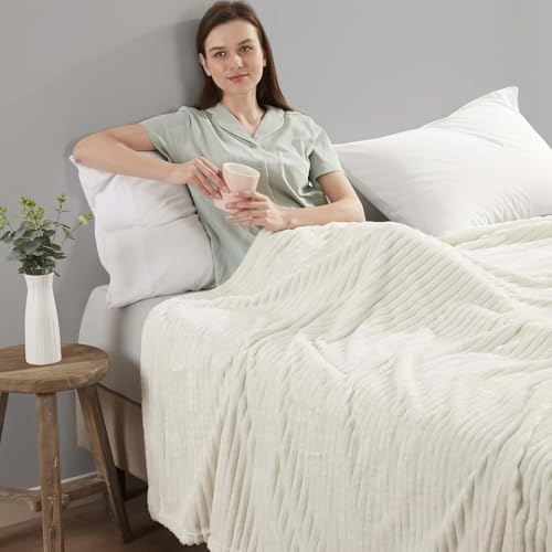 Image of Nestl White Blanket Queen Size for Bed - Cozy Warm Fuzzy Blankets for Women, Plush Large Fleece Throws for Girls - Off White, 90 x 90 Inches