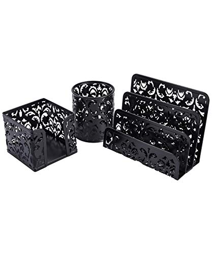 Easypag Cute Office Supplies 3 Piece Desk Organizer And Accessories Set - Letter Sorter, Pen Holder,Sticky Notes Holder,Black #TOP1