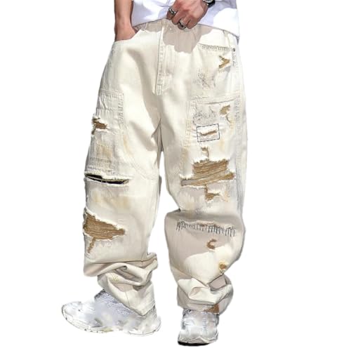 Men’S Trendy Vintage Loose Straight Jeans Button Fly Unwashed Distressed Ripped Patched Stacked Hem Full Length Jeans