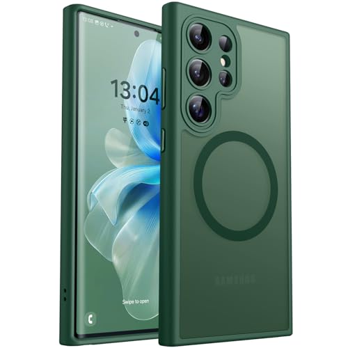 CANSHN Designed for Samsung Galaxy S22 Ultra Case [Full Camera Protection] [Compatible with MagSafe] Translucent Matte Shockproof Protective Phone Cover 6.8 Inch - Deep Green
