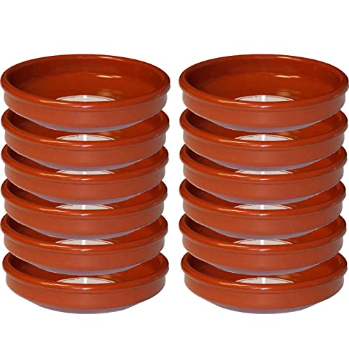 Tradineur - Pack de 12 Cazuelas redondas de barro - Aptas para vitro y horno - Ideales para guisos y asados caseros –Ø 24 cm