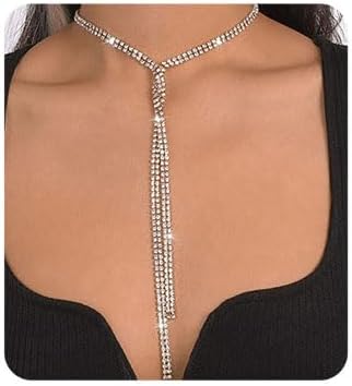 Chargances Collar largo brillante con diamantes de imitación en Y Lariat, collar de fondo de cristal de tenis, collar de declaración de joyería para