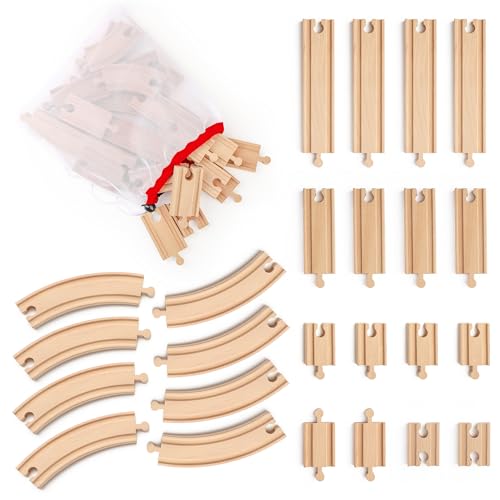 Wooden Train Tracks 24 Pieces Set, Track Expansion Pack with Storage Bag - Includes Male/Female Adapters - 100% Compatible with All Major Brands Including Thomas, Brio, Melissa & Doug