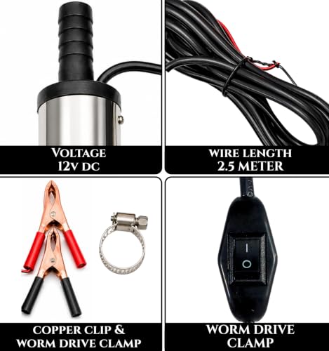 Image of ROBOWAY DC 12V Electric Submersible Water Pump, Stainless Steel Portable Diesel Fuel Transfer Pump with Battery Clips & 2.5M Cable for Water, Diesel & Kerosene, (Pack of 1)
