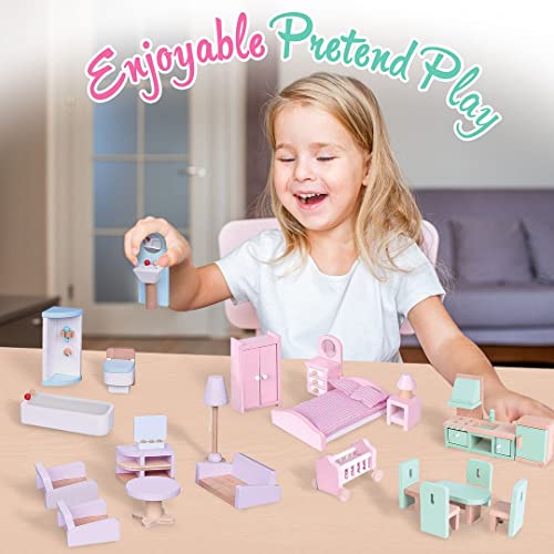 Beverly Hills Doll Collection Wooden Dollhouse Furniture Set For Kids - Miniature Dollhouse Accessories 24Pcs Doll House Furniture Set With Kitchen, Living Room, Bedroom, And Bathroom For Doll Family #TOP1