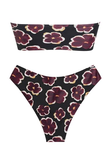 Image of ZAFUL Women's High Cut Bandeau Bikini Set Strapless Solid Color 2 Pieces Bathing Suit Swimsuit