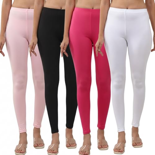 Image of Volex Women and Girls Full Length Leggings | Cotton Spandex /Elastane 4 Way Stretchable | Casual Slim fit Ultra Soft Leggings-Pack of 4