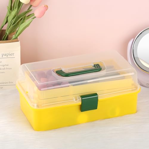 Image of BTSKY 3-Layer Plastic Dividing Storage Box Craft Organizer and Storage | Portable Handled Art Supply Organizer with Adjustable Spacers Multipurpose Home Utility Box for Medicine Sewing(Yellow+Green)