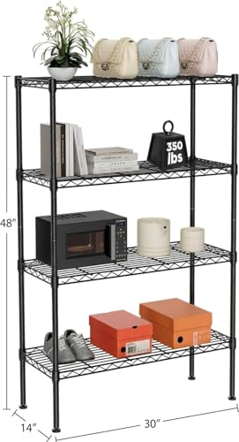 Image of Premium Heavy-Duty 4-Tier Black Metal Wire Storage Rack Shelf Organizer | Adjustable Multipurpose Freestanding Shelving Unit for Home, Office, Kitchen | Size 14 inch D x 30 inch W x 48 inch H Inch