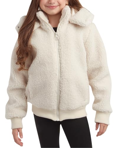 Image of URBAN REPUBLIC Girls Sherpa Jacket - Cozy Satin Lined Outerwear Jacket - Zip Up Hooded Jackets for Girls with Snug Collar, Size 14-16, Ivory