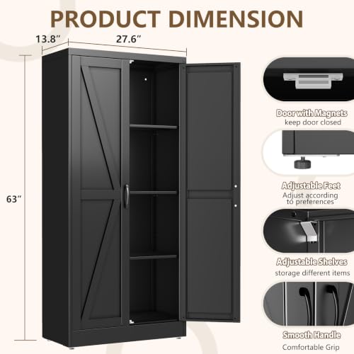 Image of Black Metal Storage Cabinet, 67 inch Kitchen Pantry Cabinets for Office | Steel Kitchen Pantry Storage with Doors and 3 Adjustable Shelves, Metal Tool Cabinet, for Office, Home, Garage, School