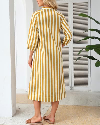 Women Summer Striped Button Down Long Maxi Dress Loose Fit 3/4 Sleeve Cotton Caftan Shirt Dress with Pocket2