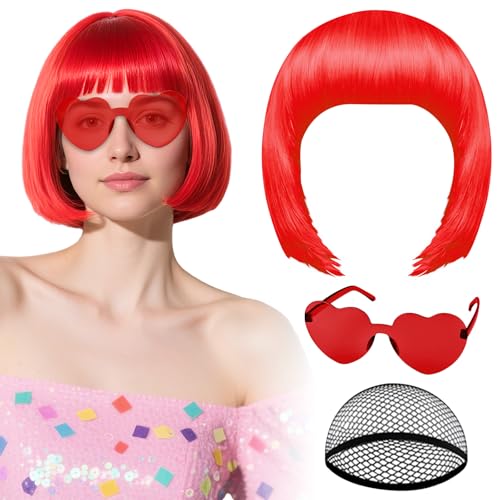 PLULON Red Bob Wig with Heart Sunglasses and Hair Cap Colorful Short Bob Wigs Synthetic Party Wigs Funny Cosplay Hairpieces for Women Men Neon Bachelorette Halloween Costume Party Decorations