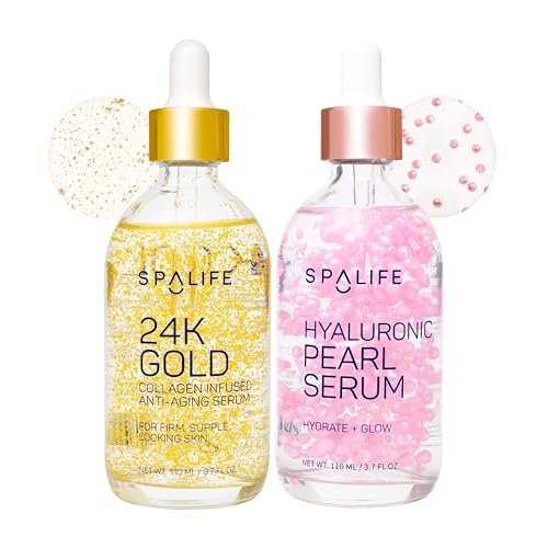 SpaLife Beauty Pearl Hyaluronic Acid Serum & 24k Gold Anti Aging Serum | AM/PM Facial Routine Duo | Deep Collagen Hydrating Treatment | Firming Wrinkle Face Skincare | 2 x 3.7 Fl. Oz.