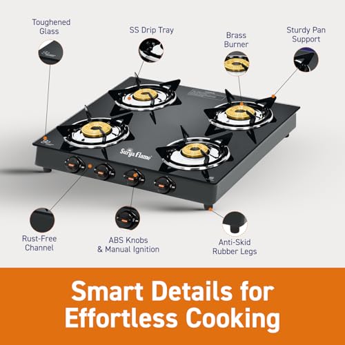 Image of Surya Flame Splendor 4 Burner Gas Stove | Toughened Glass Top | Brass Burners | Durable Brass Valve | Fuel Efficient 69%+ | Black