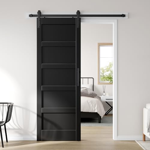 Image of Fredbeck 30x84 in Black Barn Door with 5.5FT Hardware Kit Included,5-Panels | Sliding Interior Door with Handle,Solid,MDF, PVC Surface,DIY Assembly