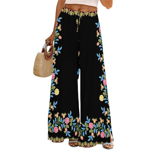 Women's Wide Leg Palazzo Pants High Waisted Flowy Pockets Trendy Casual Lounge Boho Beach Trousers with Pockets