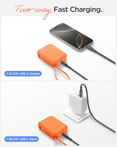 Image of Spigen ArcPack 10000mAh Power Bank with Built-in USB-C Cable,30.0W Fast Charging, 1 Type-C Cable, 1 Type-C Port, 1 USB-A Port - (ABS + PC | Spigen Orange)
