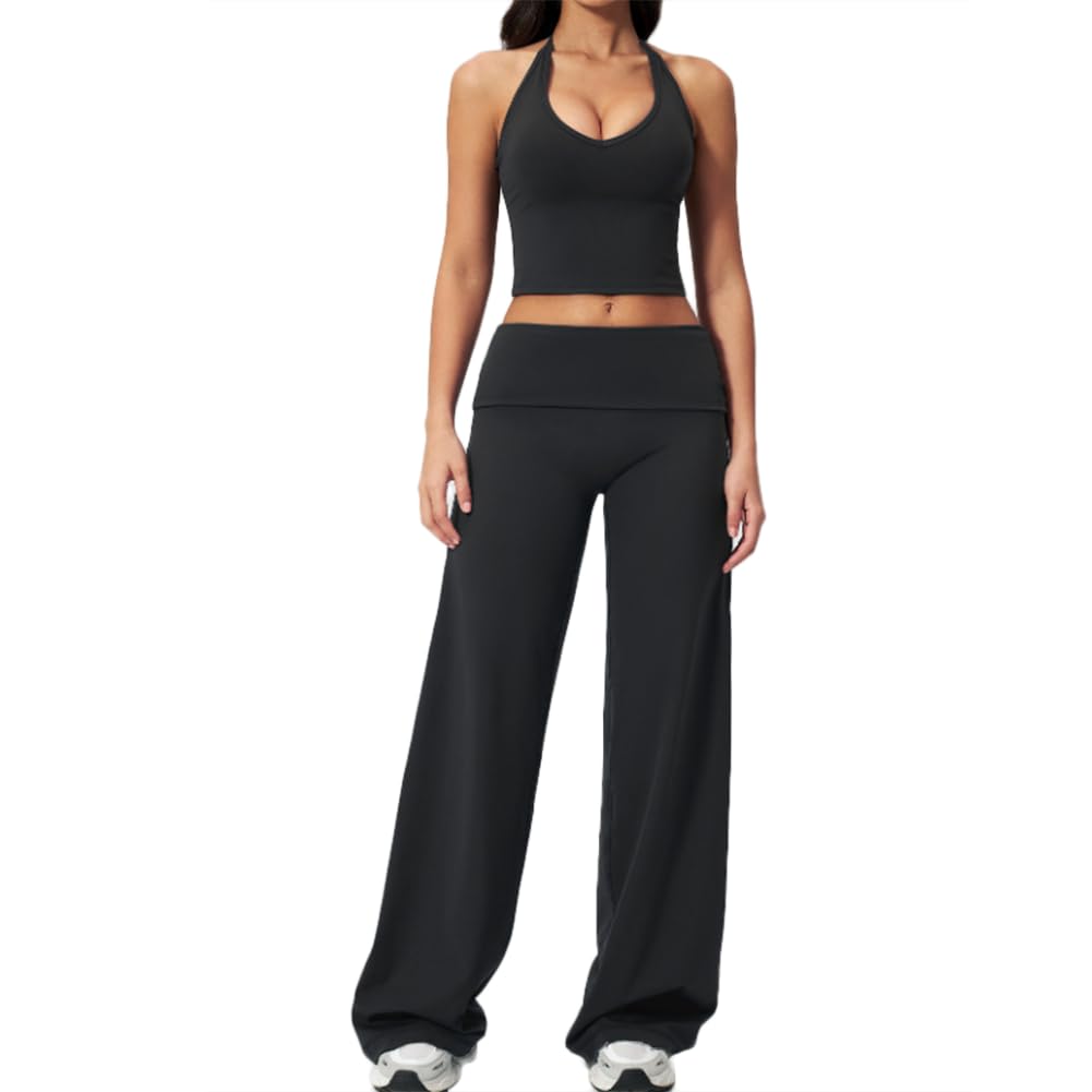 JPXJGT Women's 2pcs Lounge Set Gym Crop Top Flared Yoga Pants Workout Leggings Yoga Sweatsuit Casual Outfits Set(Size:XL,Color:Black)