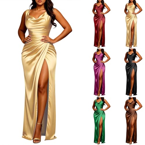 GAHIEDIM Champagne Dress for Women Womens Cowl Neck Champagne Dress Satin High Slit Beige Large - image 1