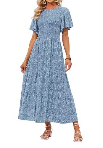 ZESICA Women's 2025 Summer Casual Floral Print Short Flutter Sleeve Crew Neck Smocked High Waist Flowy Maxi Dress,Blue,Small