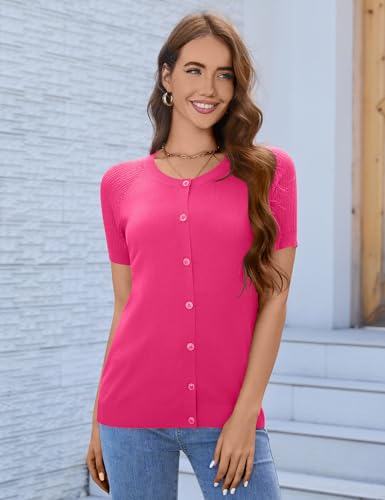 Image of FreshNight Women's 2025 Short Sleeve Cardigan Button Up Hollowed Out Crewneck Shrug Sweaters Knit Sweater Tops Lightweight