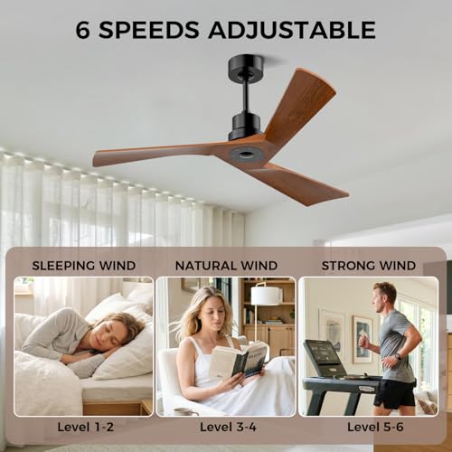 Image of Obabala Ceiling Fan 52 Inch with Remote, Solid Wood Blades DC Motor 5000 CFM Quiet 35dB, Reversible 6 Speed Modern Farmhouse for Bedroom Living Room Indoor Outdoor, No Light with Downrod