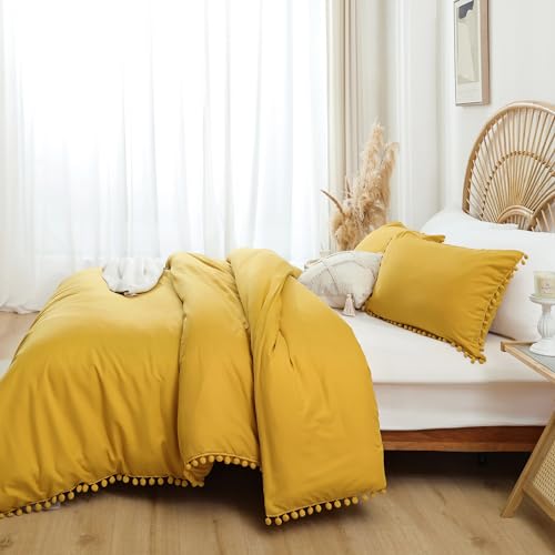 YIRDDEO Full Size Comforter Sets - Full Size Comforter with Ball Pom Fringe, Soft Bedding Set for All Seasons - 3 Pieces, 1 Comforter (79"x90") & 2 Pillow Shams(20"x26"), Mustard Yellow