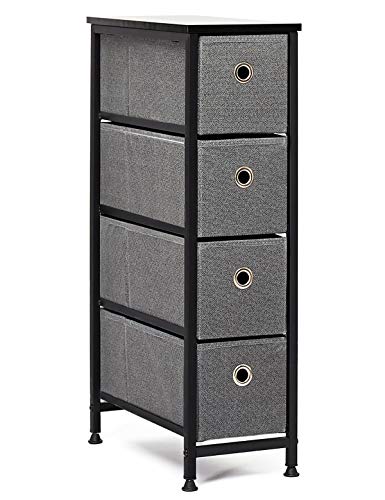 Cómoda Cajonera con 4 cajón Almacenaje Armario Comodas Cajones Estrecho Gabinete Pequeño para Trastero Salon Dormitorio Cocina Madera+Metal Negro + Gris