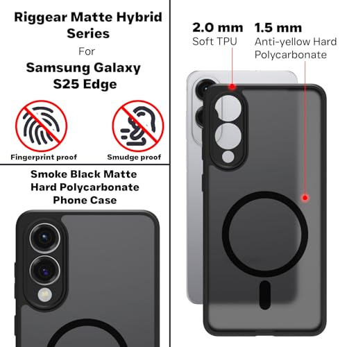 Image of RIGGEAR Shockproof Sleek Hybrid Armor Magnetic Back Cover Case Compatible with MagSafe Accessories for Samsung Galaxy S25 Edge (Smoke Black Matte PC with Black TPU Bumper)