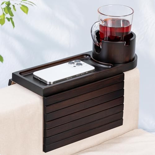 Couch Cup Holder for Armrests Over 4.9 Wide Bamboo Couch Arm Tray with 360 Rotating Phone Stand 3 in 1 Foldable Sofa Arm Tray Table for Remote Snacks Phone Drinks Walnut