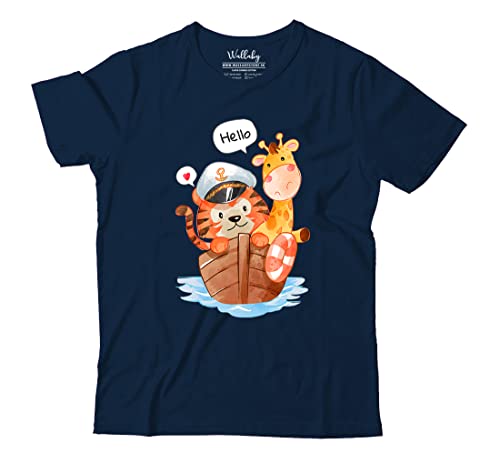 Image of Boys & Girls Tiger & Giraffe Animals Nautical Sea Theme 100% Cotton Unisex Kids T-Shirt