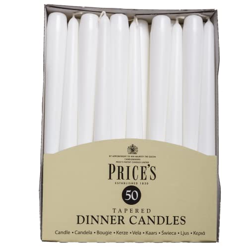 Price's Candles Tapered Dinner Candles White Unscented Wax Pack of 50 | 7 Hour Burn Time Elegant Long Candles for Home Decor, Events, Celebrations & Dining