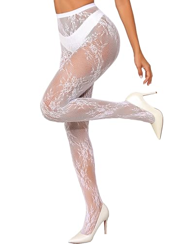SwiiDuu Womens Floral Lace Stockings Sexy Patterned Fishnet Tights High Waist Leggings Pantyhose-White