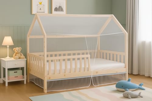 Moustiquaire Intégrale pour Lit Cabane 90x190 cm – Beige Clair – Ouverture Façade – Montage Ultra Simple - Attention Uniquement Compatible avec Cette...