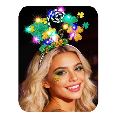BARTOSI Light up St Patrick's Day Headband LED Green Leprechaun Hat Headbands Shamrock Irish Hairbands Costume Hair Accessories for Women