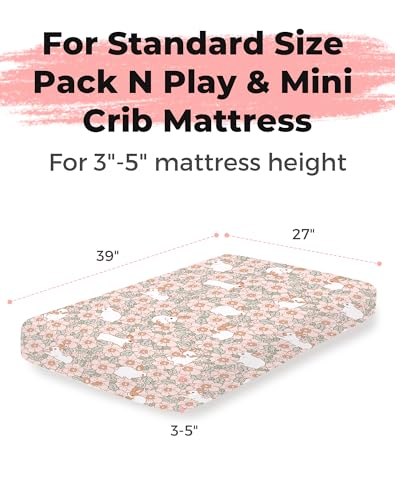 Image of Pack and Play Sheets 2 Pack, Fitted Jersey Knit Mini Crib Sheets for Baby Boys and Girls, Compatible with Graco Pack N Play and Mini Crib Mattress (Bunny Garden, Pack N Play /Mini Crib Sheets)