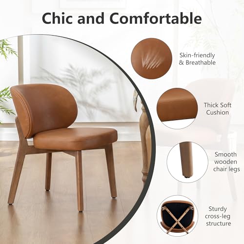 Image of YOUNIKE Single Dining Chair Modern Kitchen Dining Room Chair Brown | Faux Leather Upholstered Armless Side Accent Chair with Back 20.1 inch Wide Padded Seat Wooden Legs for Living Room Bedroom