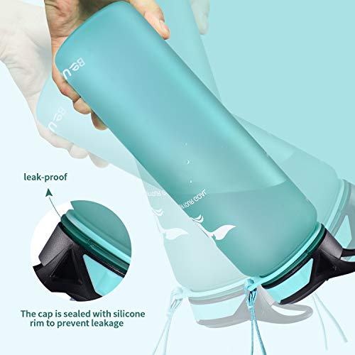 TILUCK Water Bottle with Straw Lid 34oz Motivational Fitness Sports Water Bottle with Time Marker & Straw, Large Wide Mouth Leakproof Durable BPA Free Non-Toxic (Green)