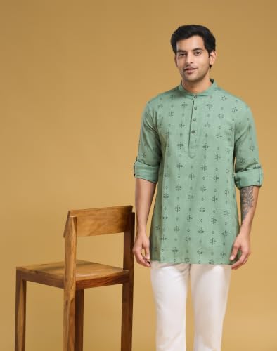 Image of Fabnu by Fabindia Men's Cotton Printed Relaxed Fit Straight Short Kurta