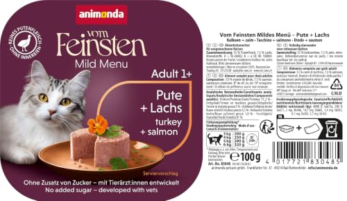 animonda vom Feinsten Mildes Menü Pute + Lachs (32 x 100g), getreidefreies Katzenfutter nass ohne Zucker, leicht verdauliches Katzenfutter mit Putenfleisch