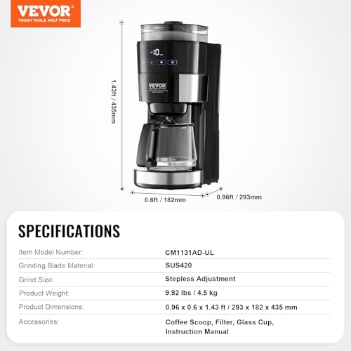 Image of VEVOR Coffee Maker with Grinder, 10 Cup Coffee Machine, Grind and Brew Coffee Maker with 3 Brew Strength Control, Adjustable Grinding Coarseness, for Home Office Restaurant